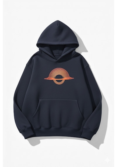 Uyguntarz Unisex Yumuşak Dokulu Çizgi Saturn Baskılı Tasarım Oversize 3 İplik Hoodie Sweatshirt Indigo