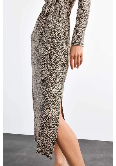 Defacto Leopar Desenli Twill Uzun Kollu Midi Elbise G0737ax25smbk81 Siyah