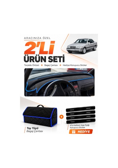 Mercedes W202 C-class 1993-2000 Uyumlu Torpido Örtüsü + Tay Tüyü Bagaj Çantası Seti - Siyah Mavi