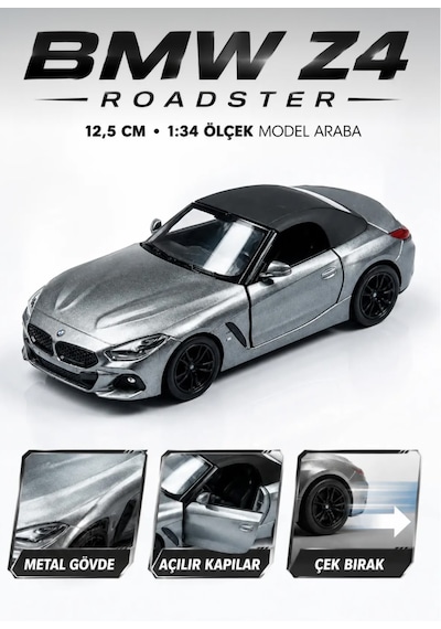 Oyuncak Bmw Z4 Diecast Açılır Kapılı Çek Bırak Metal Roadster Cabrio Model Spor Araba 1:34 Ölçek 12,5 Cm Gri