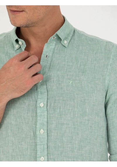 Cacharel Haki Slim Fit %100 Keten Gömlek Yeşil