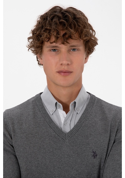 U.S. Polo Assn. Erkek Slim Fit V Yaka Gri Melanj Basic Triko Kazak 50313662-VR086