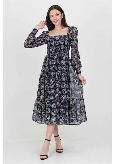 Neşeli Butik Siyah Kadın Siyah Gipeli Kare Yaka Desenli Şifon Elbise Nb100361 Siyah
