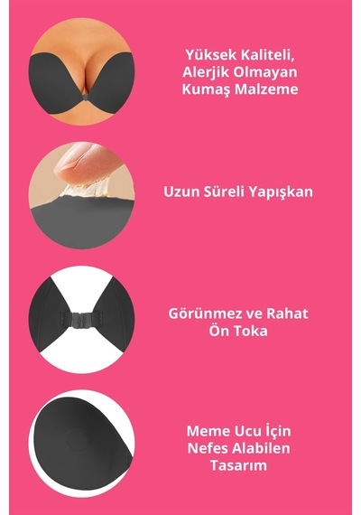 Cottonill Siyah Askısız Straplez Göğüs Dikleştirici Yapışkan Damla Sütyen