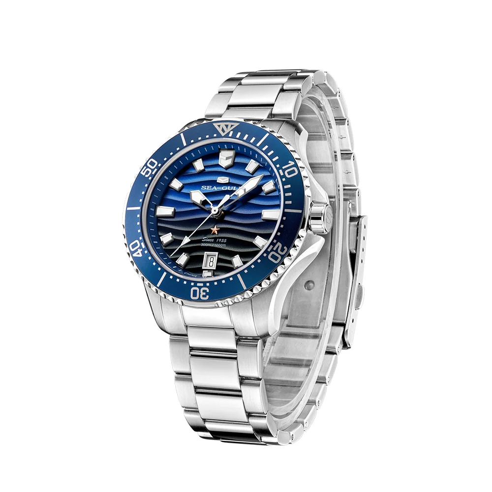 Sea-gull Ocean Series Pro 300m Su Geçirmez Gradyan Dalgalı Dokulu Kadranlı 41 Mm Diver Saat Metalik