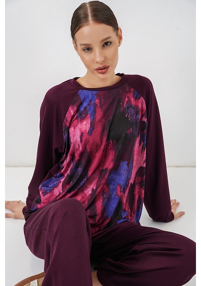 Bigdart Kadın Desenli Oversize Tunik Pantolon İkili Takım 55462 - Mor