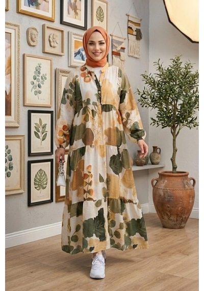 Hb Harma Time Butik Kadın Rahat Kesim Desenli Modal Kumaş Haki Elbise Haki Haki
