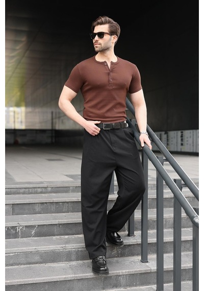 Madmext Acı Kahverengi Yarım Düğmeli Slim Fit Erkek Tişört E7186
