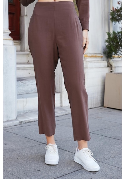 JUMENT Kadın Likrasız Modal Kumaş Yüksek Bel Beli Lastikli Yan Cepli Dar Paça Bilek Boy Pantolon-kahve