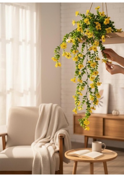 Yapay Çiçek Sarı Sarkan Mineli Okaliptus Şimşir Yapay Sarmaşık 5dal 60cm Sarı