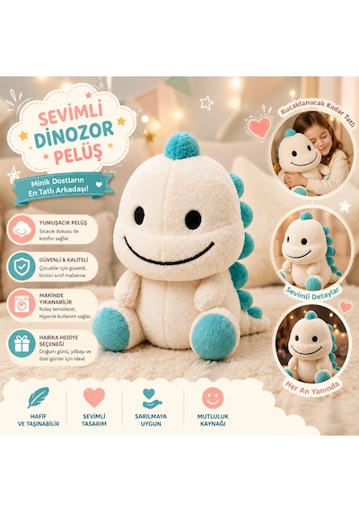 Sevimli Dinozor Peluş Oyuncak Beyaz & Turkuaz