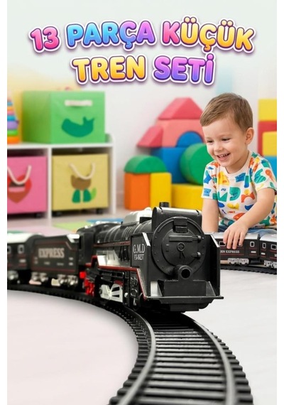 13 Parça Pilli Işıklı Lokomotif Tren Raylı 2 Vagonlu Hareket Eden Eğlenceli Tren Oyuncak Seti