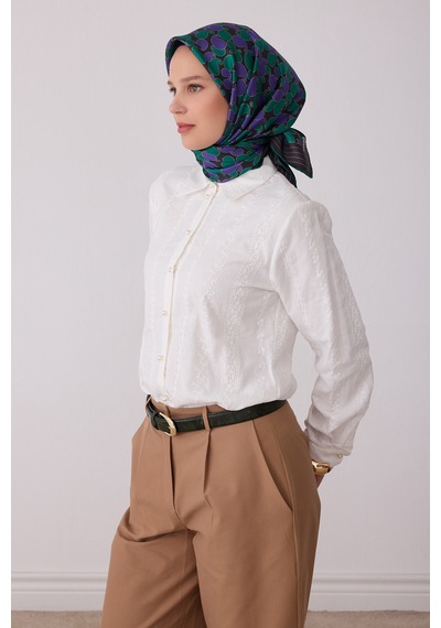 Belli Etnik Desen %100 Twill İpek Eşarp Be22 Koyu Antrasit