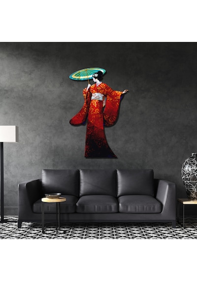 Geisha Japon Sanat Tasarımlı Metal Duvar Dekoru Kırmızı Kimono Figürü