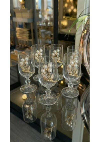 Çnr Home Collection Gold Metal Inci Çiçek Figürlü 12 Parça Bardak Fincan Seti Gold