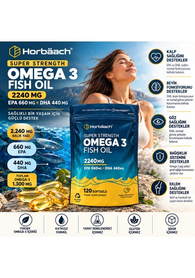 Horbäach Super Strength Omega 3 Balık Yağı 2240 Mg 120 Yumuşak Kapsül