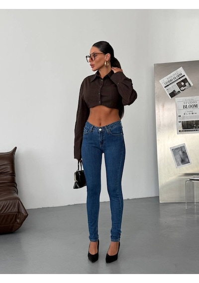 Yüksek Bel Likralı Skinny Jean Mavi