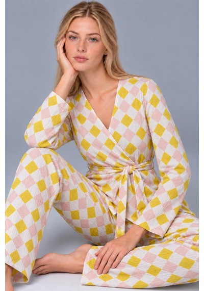 Kadın Desenli Ev Stili Kuşaklı Sarı Pijama Takımı 4807