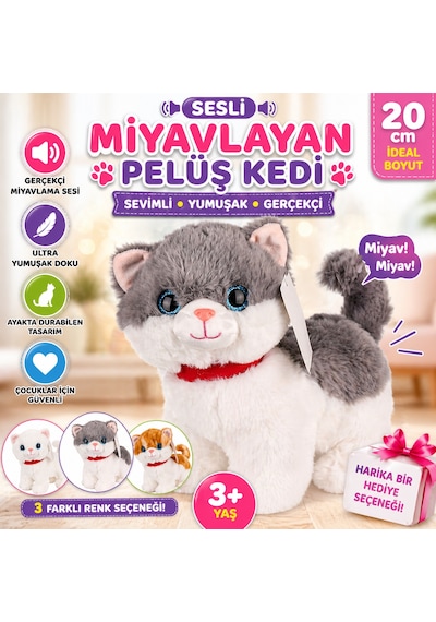 Sesli Miyavlayan Peluş Kedi 20 Cm Yumuşak Sevimli Ayakta İnteraktif Oyuncak Gri