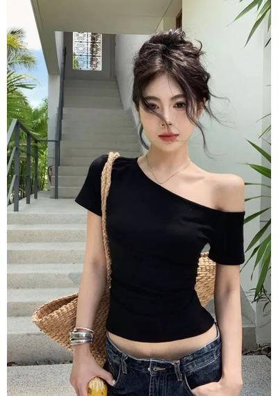 Siyah Kadın Düşük Omuz Kayık Yaka Dar/slim Likralı T-shirt Siyah