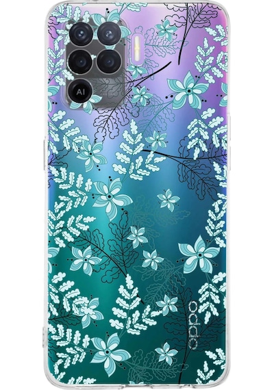 Oppo A94 Uyumlu Kamera Korumalı Floral Su Yeşili Tasarımlı Şeffaf Silikon Kılıf