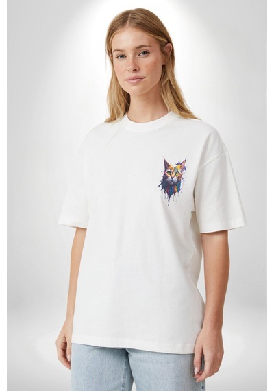 Hayvan Kedi Sanat Potre Beyaz Oversize Unisex Ön Ve Sırt Baskılı Tişört Beyaz
