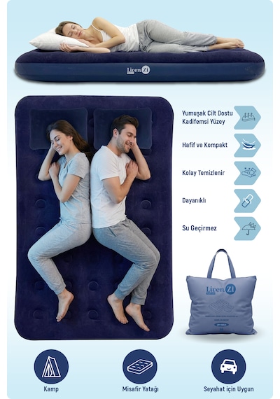 Livenzi Çift Kişilik Şişme Yatak & Yastık 191 137 22 Cm Lacivert