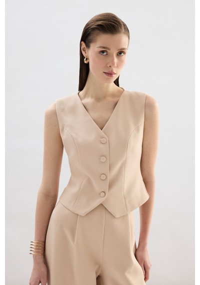 Sateen Klasik Kısa Yelek - Bej-136836 Bej