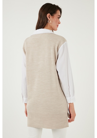 Lela Modest Standart Fit Gömlek Yaka Tesettür Triko Bayan Tunik 4612148 Bej
