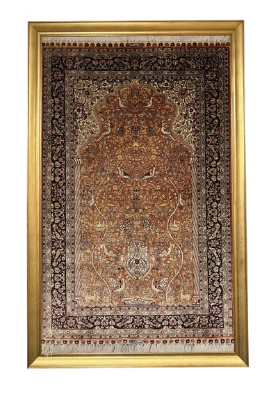 El Dokuma Saf İpek Halı Koleksiyonluk Tablo 78x123 Hayat Ağacı Modeli %100 Has İpek Kiremit
