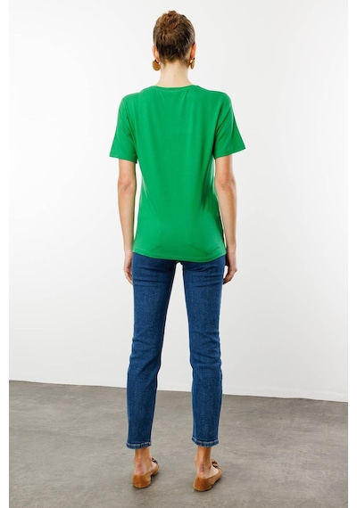 Kadın Sıfır Yaka Basic Penye T-shirt A.yeşil Yeşil