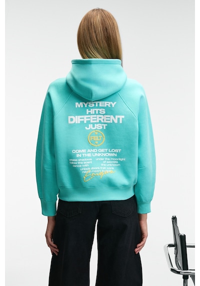 Grımelange ORINQUE Kadın Kapüşonlu Baskı ve Nakış Detaylı Oversize Turkuaz Sweatshirt