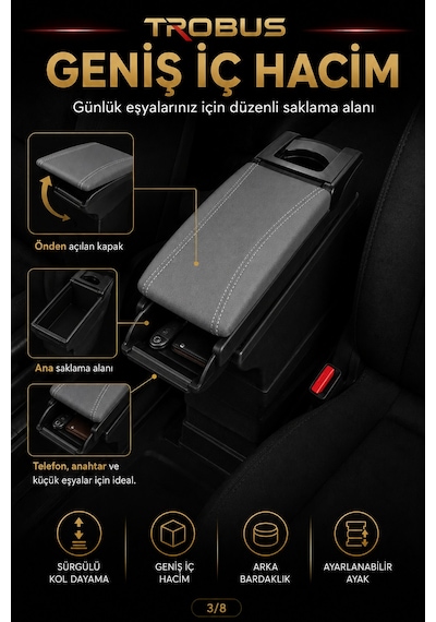 Trobus Renault Megane 2 2002-2009 Uyumlu Ayarlanabilir Ayaklı Kolçak Kol Dayama Bardaklıklı Gri