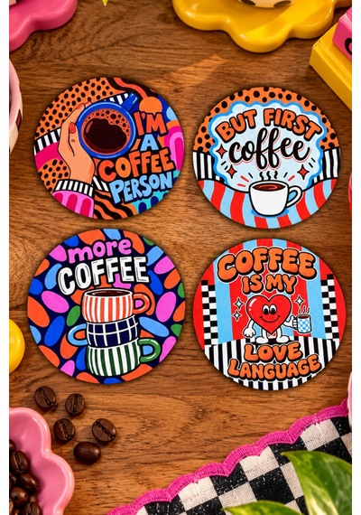 Coffee İs My Love Language, Kahve Temalı 4 Lü Bardak Altlığı Set 9 Cm, 3 Mm Ahşap Mdf, Dijital Baskı - 930741677 Diğer