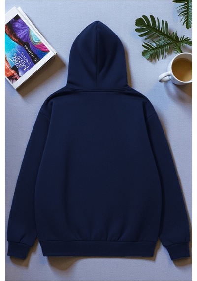 Uyguntarz Unisex Uyuyan Kedi Baskılı Kapüşonlu Sweatshirt Lacivert
