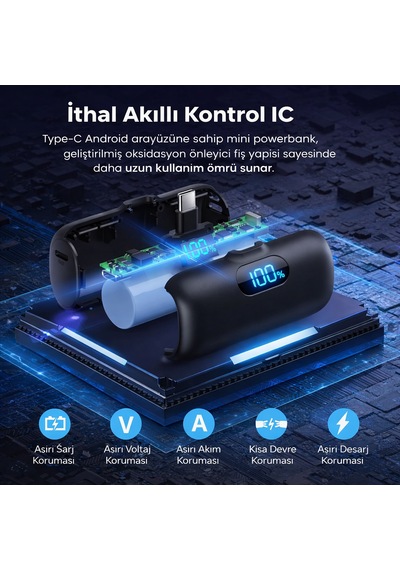 Direkt Telefona Takılan Mini Powerbank 5000 Mah Type-c Girişli Tüm Cihazlarla Uyumlu, Led Ekranlı, Standlı 5000 Mah