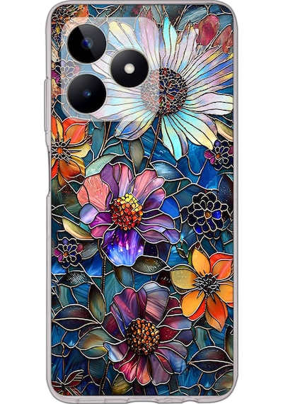 Printify Realme C53 İle Uyumlu Vitray Mücevher Flora Tasarımlı Şeffaf Silikon Kılıf Şeffaf