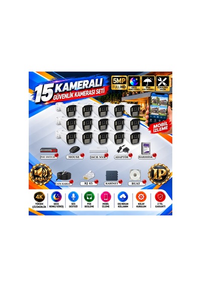 15 Kameralı 4k Sesli İp Güvenlik Kamerası Seti 5mp Gece Renkli Görüş 21 Warm Led Poe 421wsp