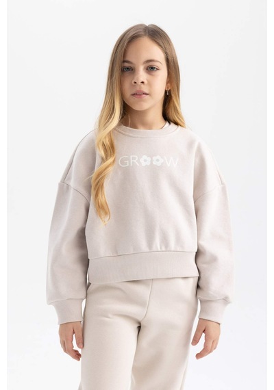 Defacto Kız Çocuk Relax Fit Bisiklet Yaka Baskılı Kalın Sweatshirt B4675A823WNGR54 Gri