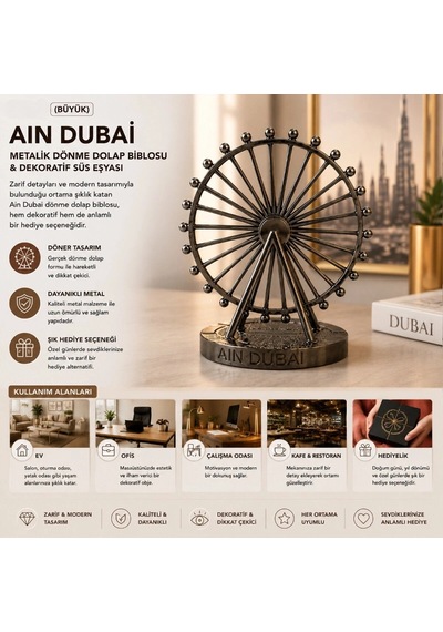 Biblo Ofis Dekoratif Tasarım Krom Bakır Büyük Boy Şık Ain Dubai Figürü Metalik Dönme Dolap Biblosu