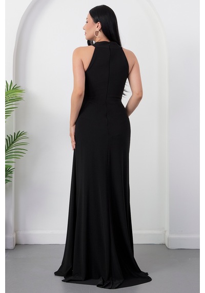Kalopya Halter Yaka Drapeli Tokalı Abiye Elbise Ecr5862 Siyah