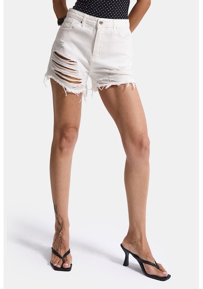 it's basic Kadın Kırık Beyaz 15s6-101 Mini Boy Yüksek Bel Yırtık Detaylı Püsküllü %100 Koton Denim Şort