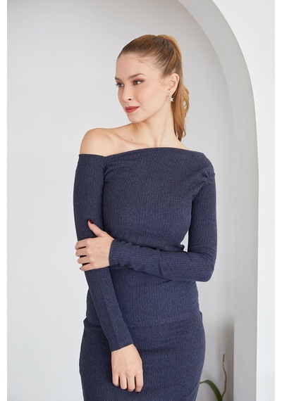 Fullamoda Bürümcük Kumaş Drapeli Kayık Yaka Bluz 25ygb650128140-indigo Indigo