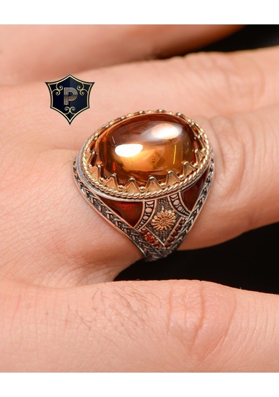 Gümüş Erkek Yüzük Şampanya Topaz Taşlı Zirkon Taş Süslemeli (537125177)