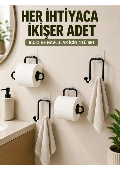 Yapışkanlı Banyo Düzenleme Seti 2 Rulo Tutucu 2 Havlu Askılığı 4 Parça Siyah