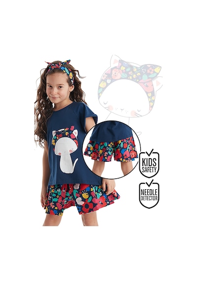 Çiçekli Kedi Kız Çocuk Lacivert Yazlık T-shirt Poplin Şort Takım