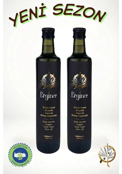 Ergince Organik Erken Hasat Natürel Sızma Zeytinyağı Soğuk Sıkım 0,18 Asit Premium Lezzet 2x500 Ml