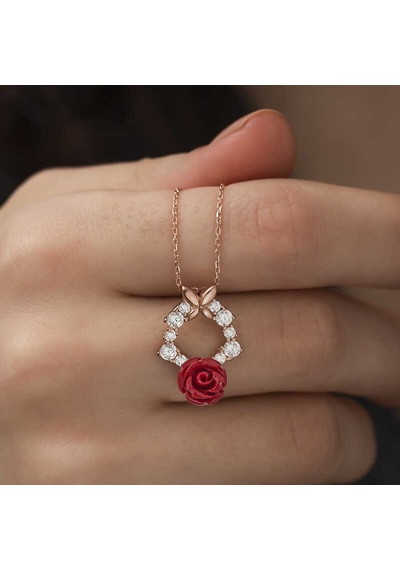 Gümüş Rose Kırmızı Gül Kolye Sl3199 Gümüş