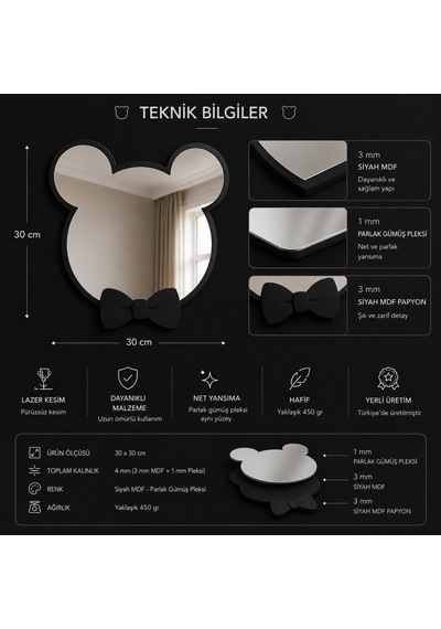 Dekoratif Papyonlu Mouse Tasarımlı Çocuk Odası Duvar Aynası Siyah