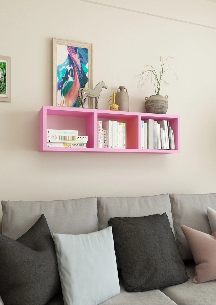 Kitaplık Hediye Duvar Rafı Mobilya 90 Cm Pembe Pembe